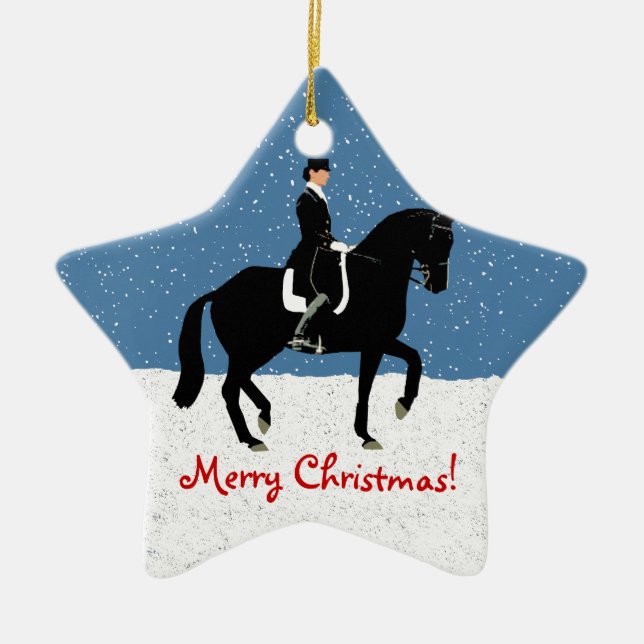 Snowy Dressage Horse Christmas Ceramic Tree Decoration (Front)