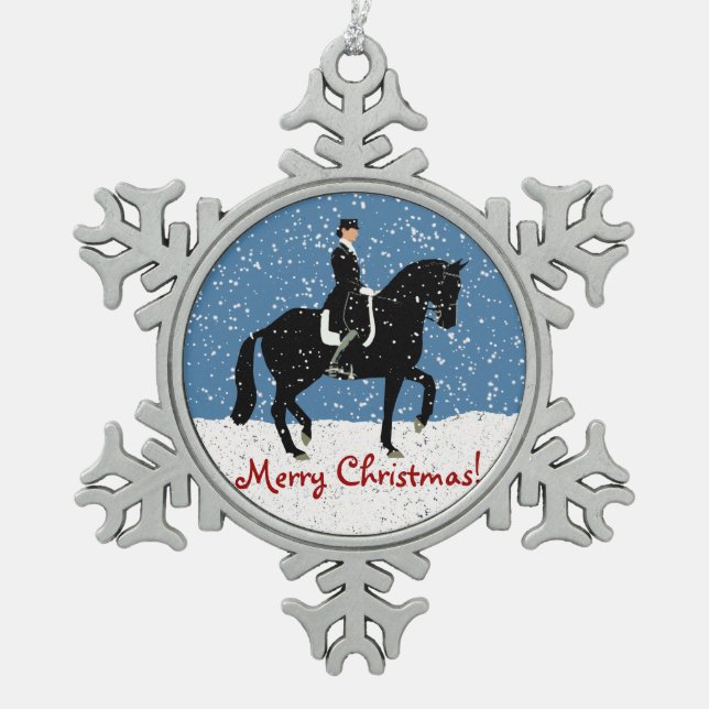 Snowy Dressage Horse Christmas Snowflake Pewter Christmas Ornament (Front)
