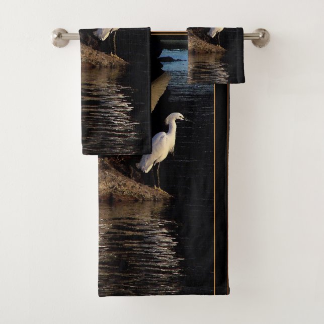 Snowy Egret Birds Wildlife Fishing Bath Towel Set (Insitu)
