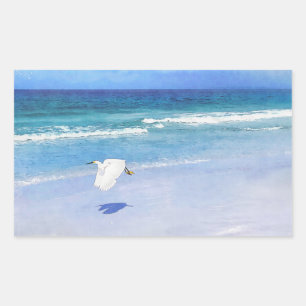 Snowy Egret Coastal Watercolor Rectangular Sticker