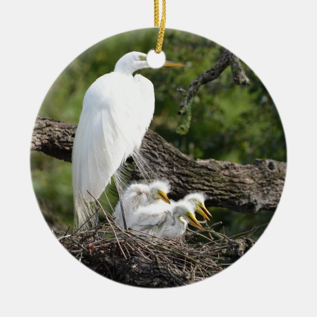 Snowy Egret Family Ceramic Tree Decoration (Front)
