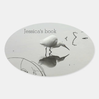 Snowy egret fishing bookplate oval sticker