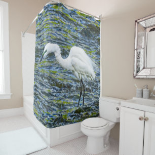 Snowy Egret with Blue & Green Lake Fractal Art Shower Curtain