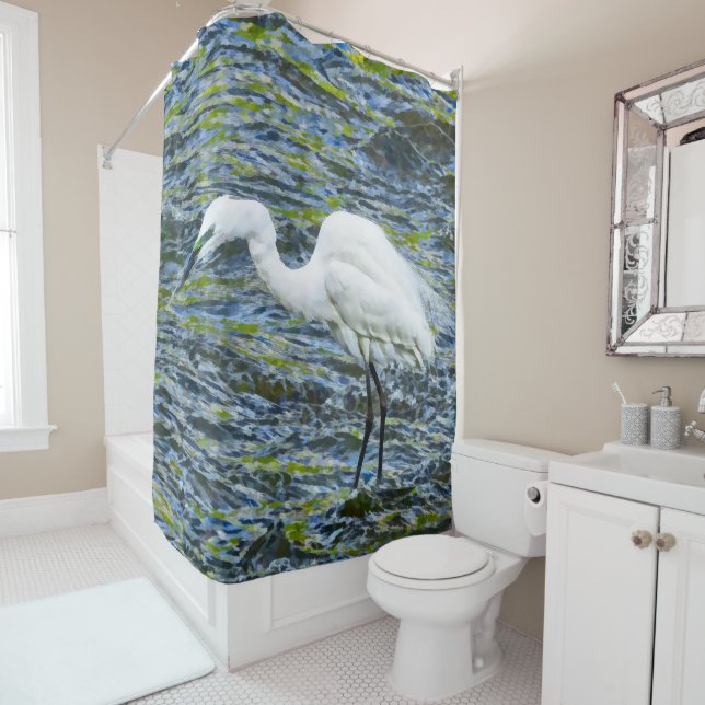 Snowy Egret with Blue & Green Lake Fractal Art Shower Curtain (In Situ)