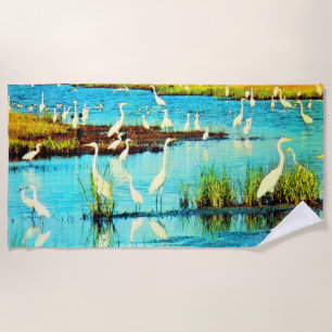 snowy egrets print beach towel