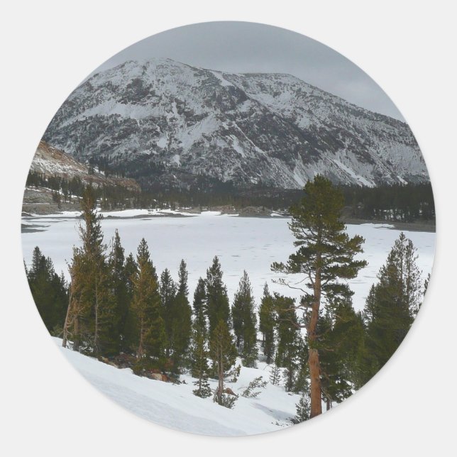 Snowy Ellery Lake California Winter Landscape Classic Round Sticker (Front)