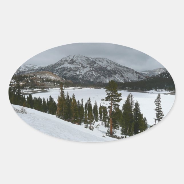 Snowy Ellery Lake California Winter Landscape Oval Sticker (Front)