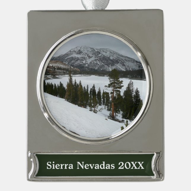Snowy Ellery Lake California Winter Landscape Silver Plated Banner Ornament (Front)