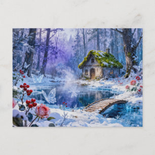 Snowy Enchanted Forest Cottage with Bridge and Glo Postcard