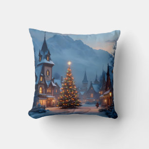 Snowy Eve In The Square – Holiday Village Scene Cushion