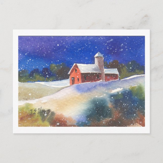 Snowy Evening Barns Postcard (Front)