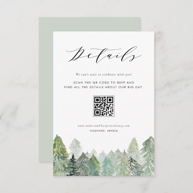 Snowy Evergreen Forest QR Code Wedding Details Enclosure Card (Front/Back)