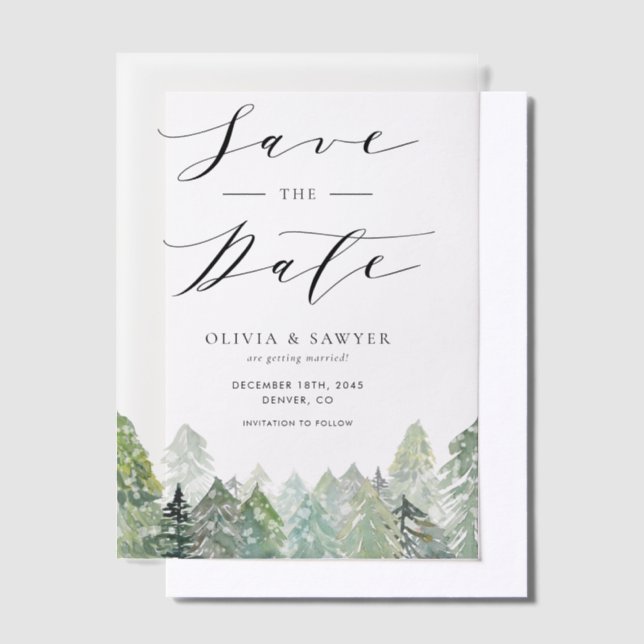 Snowy Evergreen Forest Winter Save the Date Vellum Invitations (Offset)