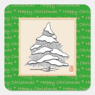 Snowy Evergreen Happy Square Christmas Sticker