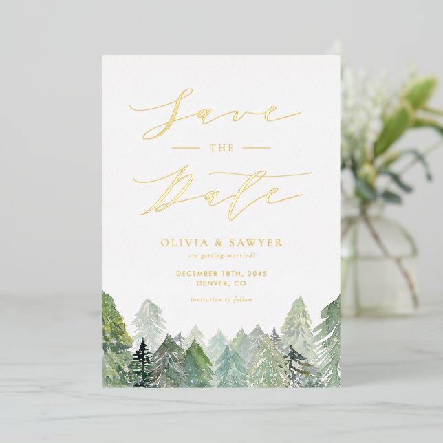 Snowy Evergreen Landscape Winter Save the Date (Standing Front)