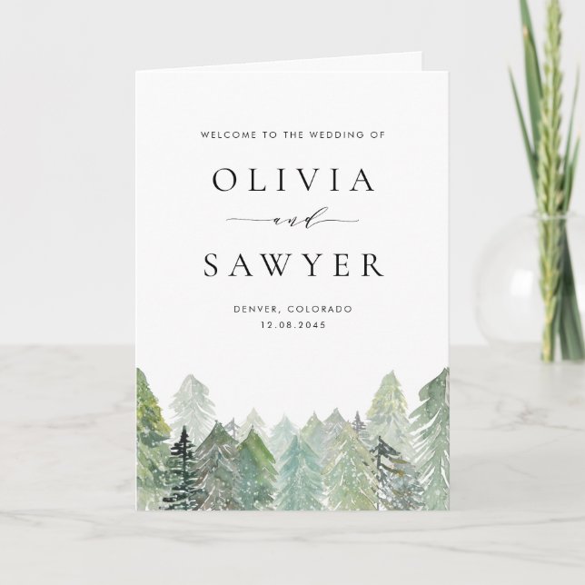 Snowy Evergreen Landscape Winter Wedding Booklet Programme (Front)