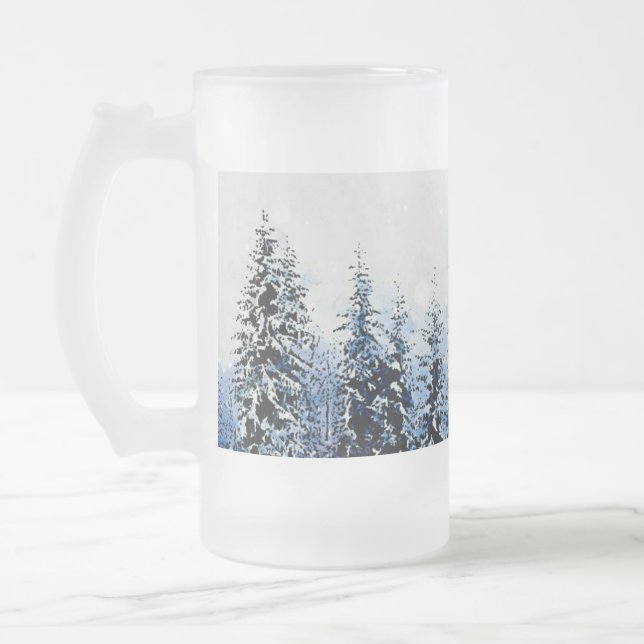 Snowy Evergreen Pine Trees Frosted Glass 16oz Mug (Left)