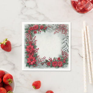 Snowy Evergreen Poinsettia Floral Frame Decoupage Napkin
