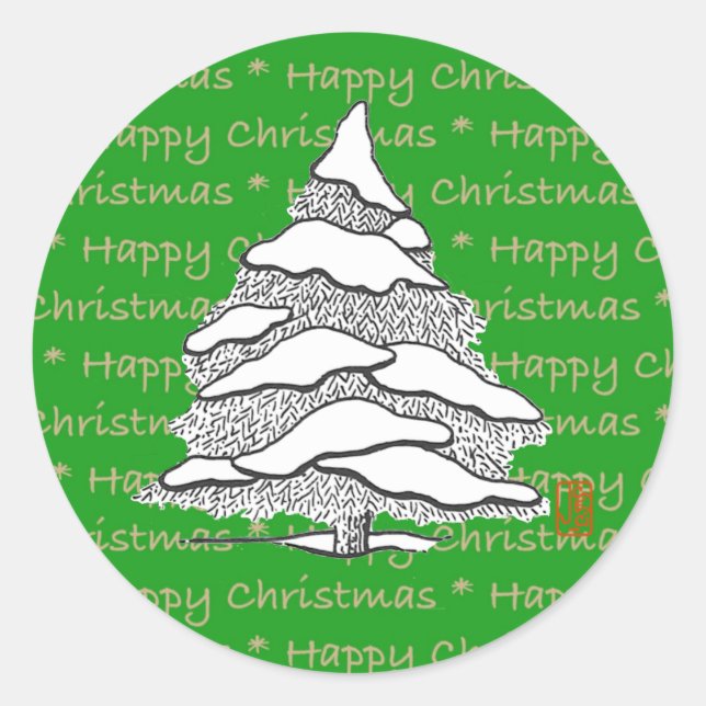 Snowy Evergreen Round Sticker (Front)