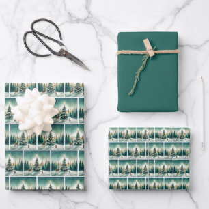 Snowy Evergreen with Star & Forest Friends Wrapping Paper Sheet