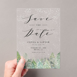 Snowy Evergreen Woodland Winter Save the Date Acrylic Invitations