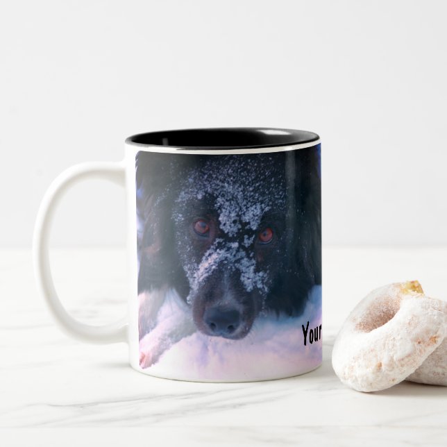 Snowy Faced Border Collie Cute Personalised Two-Tone Coffee Mug (With Donut)