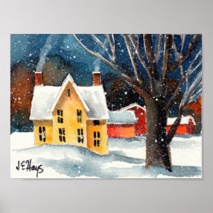 Snowy Farmhouse and Barns Poster