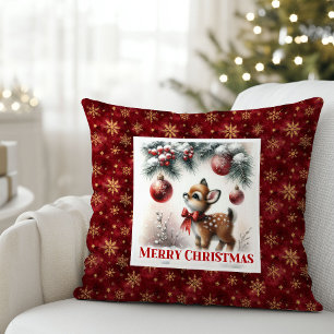 Snowy festive scene baby fawn Christmas pillow 