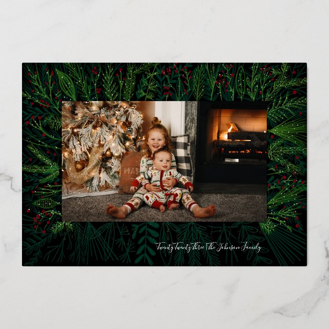 Snowy Foliage Christmas Foil Photo Card (Front)