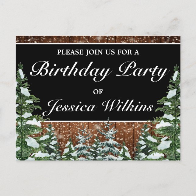 Snowy Forest Birthday Black Invitation Postcard (Front)