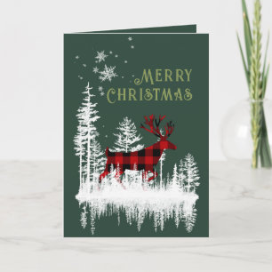 Snowy Forest Buffalo Plaid Stag Merry Christmas Ho Holiday Card