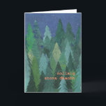 Snowy Forest Christmas Card: Irish Gaelic Holiday Card<br><div class="desc">A chic Christmas Card with a forest of Christmas Trees in the snow, from a handpainted paper collage design by Judy Adamson. The greeting on the front, in orange/pink lettering, is Merry Christmas in Irish Gaelic and you can personalise the inside message. (Just one click of the button will resize...</div>