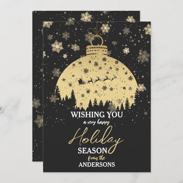 Snowy Forest Christmas Gold Ornament Santa Sleigh Holiday Card (Front/Back)