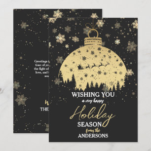Snowy Forest Christmas Gold Ornament Santa Sleigh Holiday Card