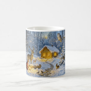 Snowy Forest Cottage with Owl, Deer and Fox Artwor Coffee Mug