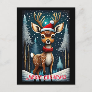 Snowy Forest Cute Santa Baby Deer Christmas  Postcard