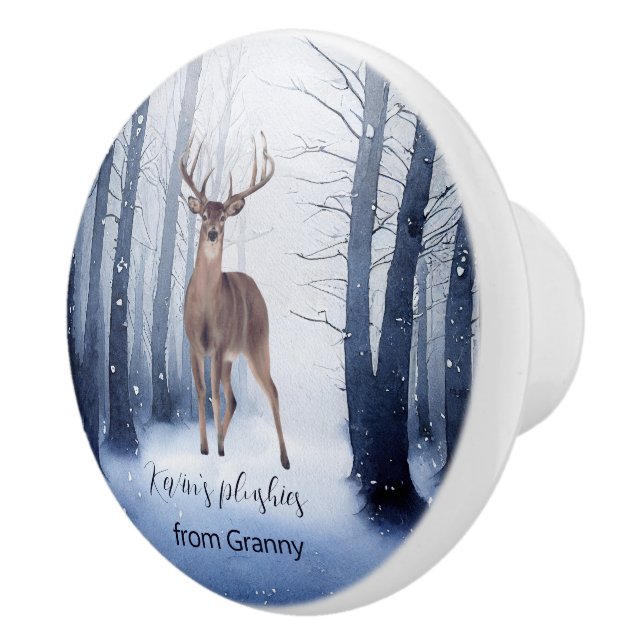 Snowy forest deer Christmas feel custom name Ceramic Knob (Right)