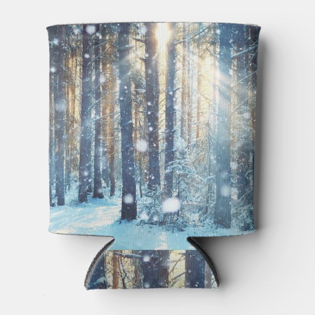Snowy Forest Frosty Winter Scene Can Cooler (Front)