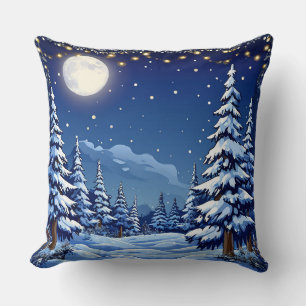 Snowy Forest Landscape Under a Moonlit Night Cushion