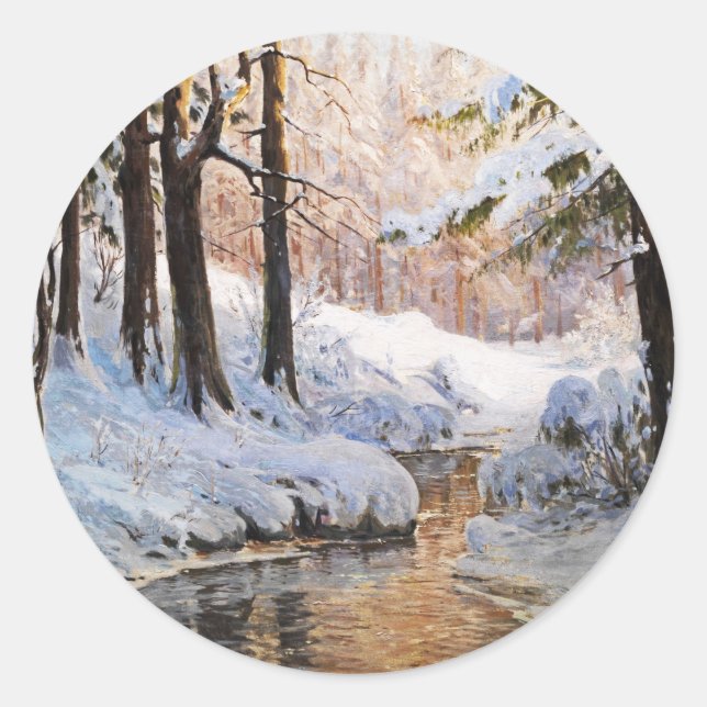 Snowy Forest Landscape, Walter Moras  Classic Round Sticker (Front)