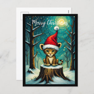Snowy Forest Night Cute Baby Leopard Holiday Postcard