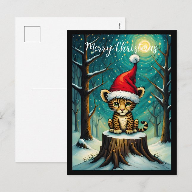 Snowy Forest Night Cute Baby Leopard Holiday Postcard (Front/Back)