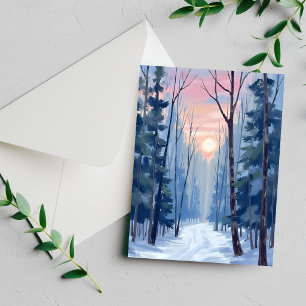 Snowy Forest Path Winter Sunlight Watercolor Card