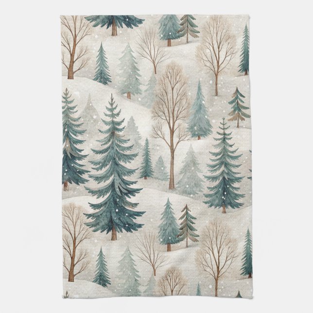 Snowy Forest Pattern – Peaceful Winter Landscape Tea Towel (Vertical)
