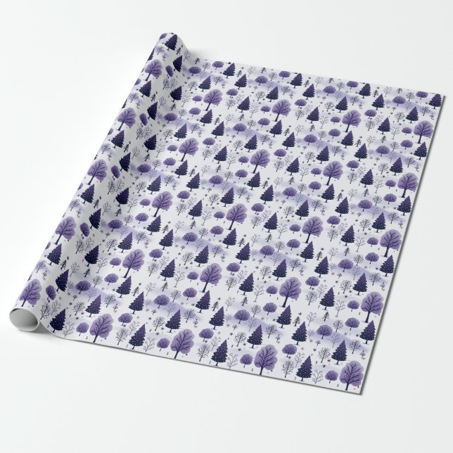 Snowy Forest Purple Christmas Wrapping Paper Roll (Unrolled)