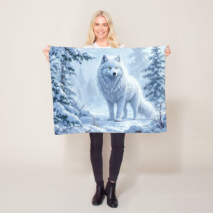 Snowy forest white wolf ice icicles decor  fleece blanket