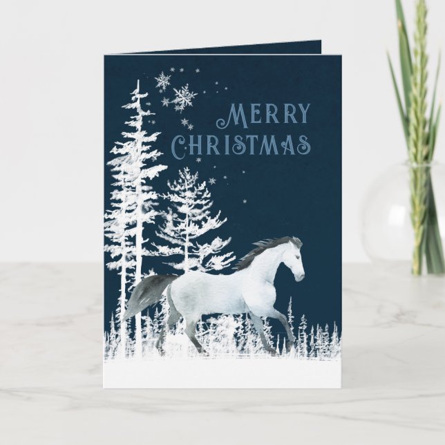 Snowy Forest Wild White Horse Merry Christmas Holiday Card (Front)