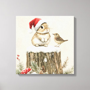 Snowy Forest Winter Woodland Christmas Bunny Bird  Canvas Print