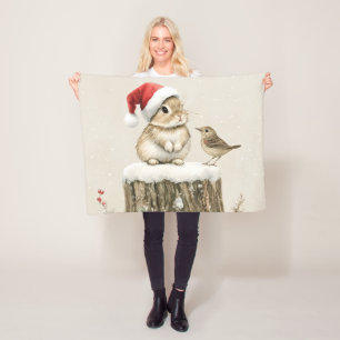 Snowy Forest Winter Woodland Christmas Bunny Bird Fleece Blanket