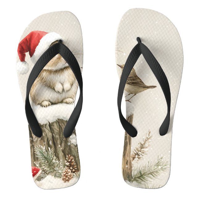 Snowy Forest Winter Woodland Christmas Bunny Bird  Flip Flops (Footbed)